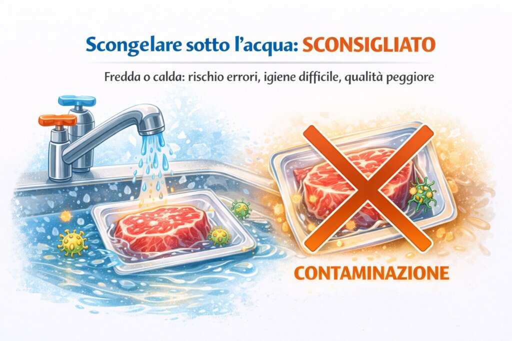 scongelamento carne sotto acqua
